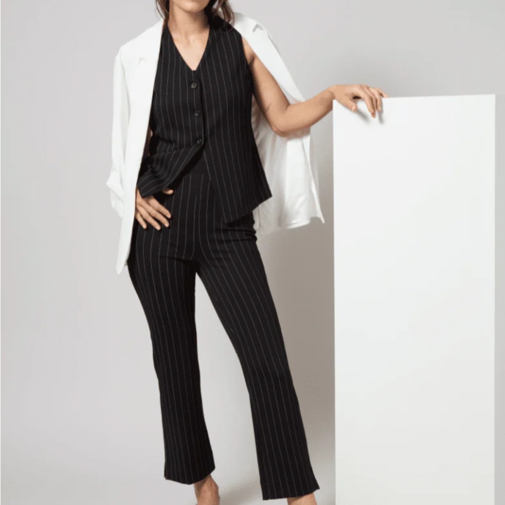 Lysse Black Pinstripe Flare Pants and Vest Set, Size M